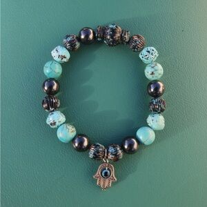 Turquoise and Hematite Beaded Bracelet with Hamsa Charm
